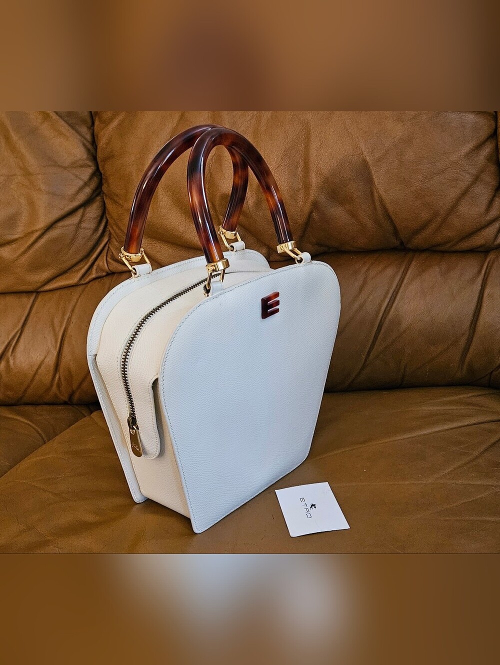 Etro Ivory Leather High-End Luxury Designer Double Handle Handbag (EXCELLENT) - Picture 14 of 16